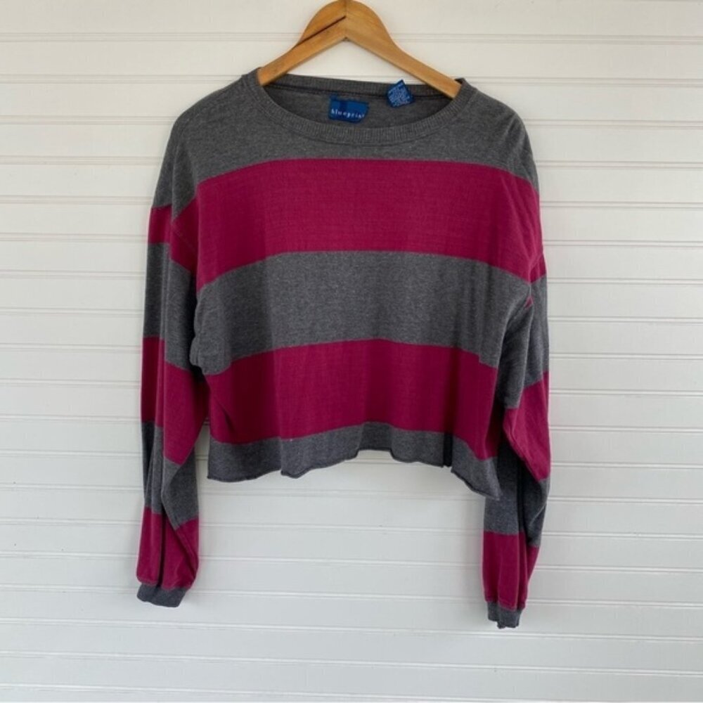 Blue Print Striped Vintage Oversized Cropped Long Sleeve Top Size L